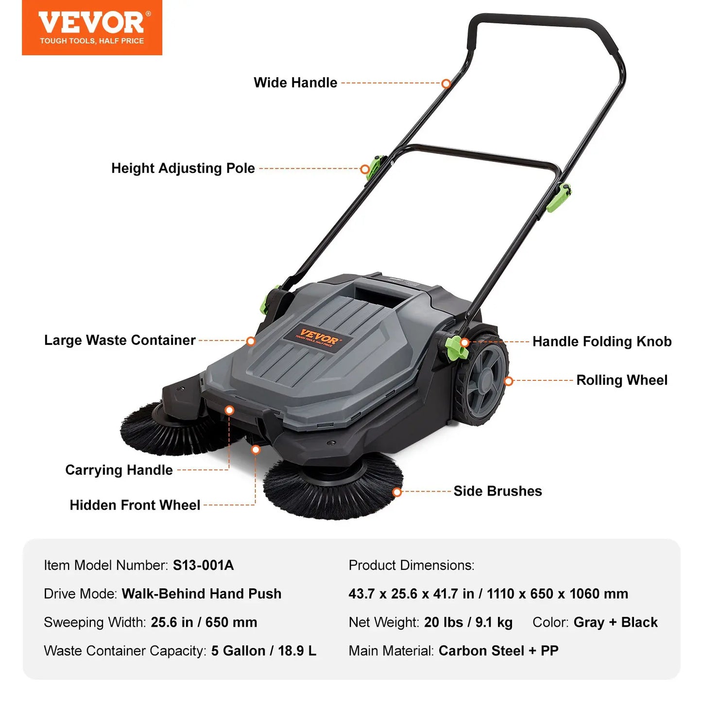 VEVOR 25.6" Walk-Behind Push Floor Sweeper